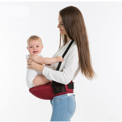 Detailed view of baby carrier in red for travel use baby learning toy