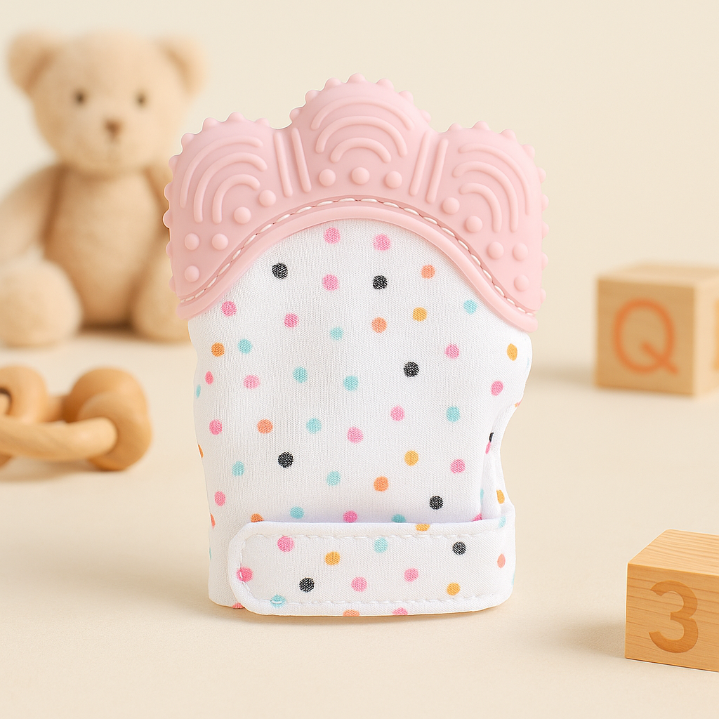 Main view of silicone teething toy in blue for teething support baby teething toy