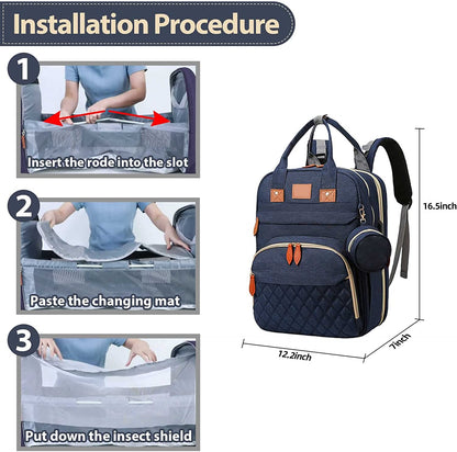 Diaper Changing Backpack with Foldable Baby Bed – Waterproof, Large Capacity
